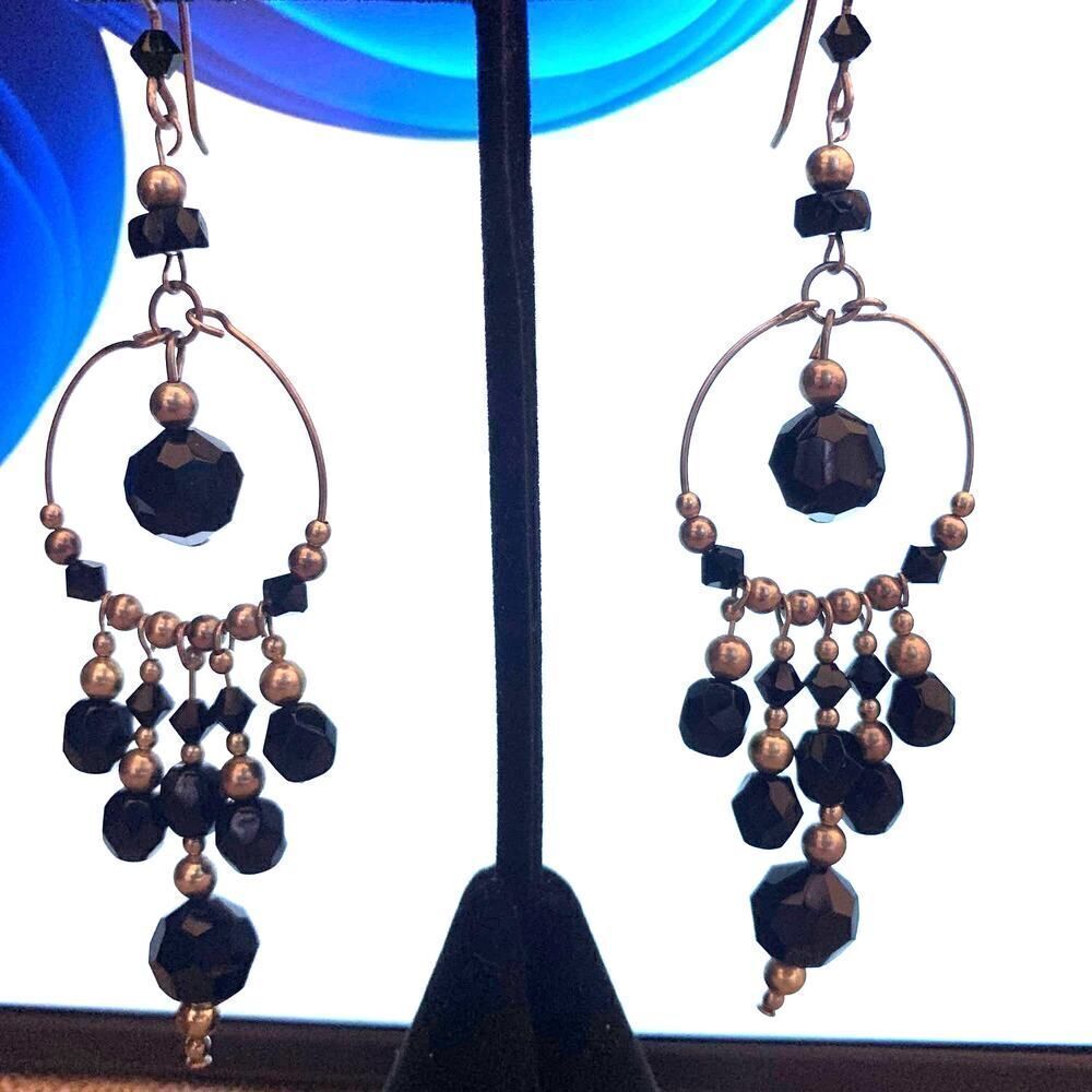 Delicate Black Crystal beaded Chandelier earrings, Mint, Unmarked